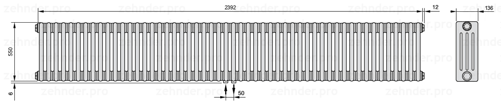 Схема (чертеж) Радиатор Zehnder Charleston 4055/52 №3470 Белый глянцевый RAL 9016